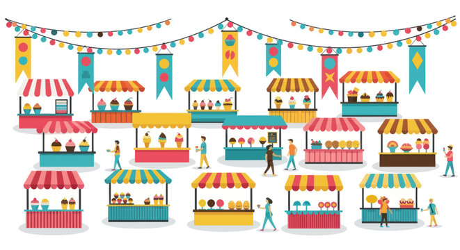 Colorful Outdoor Market Stalls with Festive Banners and People Shopping.