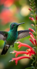Obraz premium Emerald Hummingbird in Flight Near Red Flowers.