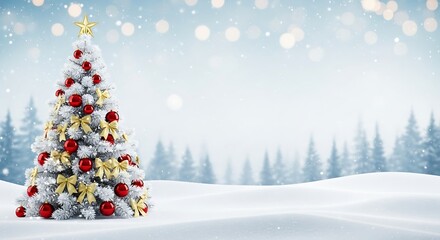 Obraz premium Christmas tree in a snowy winter landscape with falling snow and copy space.