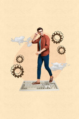 Creative poster collage of person stand keyboard with image gears on pastel background