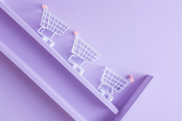 Three floating shopping cart icons rest on a pastel purple surface, creating a playful atmosphere that highlights themes of online shopping and retail. The scene is light and inviting