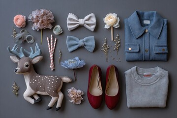 Arranged Items: A curated flat lay features a collection of diverse items, harmoniously arranged to create a cohesive aesthetic. The assortment includes a charming deer figurine, stylish clothing.
