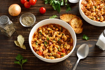 American goulash, dish with ground beef and elbow macaroni in tomato sauce
