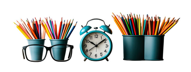 Pencils, metal buckets, and blue clock sit against a dark background