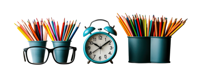 Pencils, metal buckets, and blue clock sit against a dark background