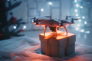 A sleek, futuristic drone hovers in a softly lit room as it prepares to deliver a glowing parcel. The warm light contrasts against the cool ambiance, creating an engaging visual experience