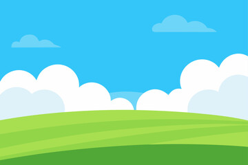 Fototapeta premium A cartoon landscape with sky clouds and green hill on transparent background