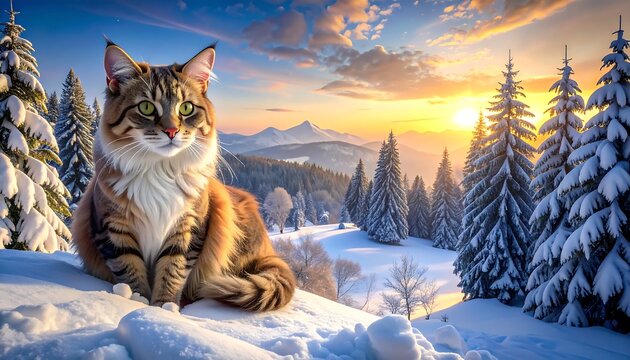 A fluffy cat lounges on a snowy hill, overlooking a snow-covered forest and mountain range at sunset. Vibrant sky hues complement the scene - Powered by Adobe