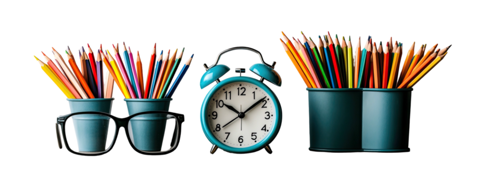 Pencils, metal buckets, and blue clock sit against a dark background