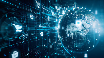 A globe illustrating the global e-commerce network is shown with interconnected lines and shopping cart icons. The scene captures a digital view of online shopping in a technological context