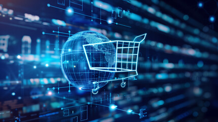 A visual representation of the global e-commerce network featuring a digital globe and a shopping cart outline, symbolizing online shopping connections and transactions worldwide