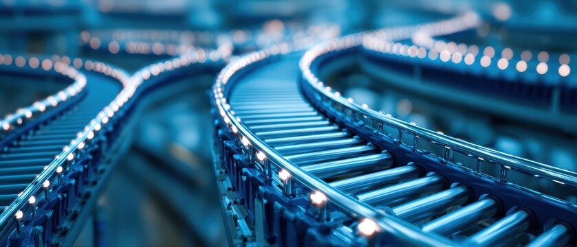 High speed roller coaster on bright night lights with vibrant blue tracks and dynamic motion in thrilling amusement park attraction - Powered by Adobe