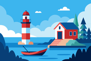 Illustration of a lighthouse and house by the sea on transparent background