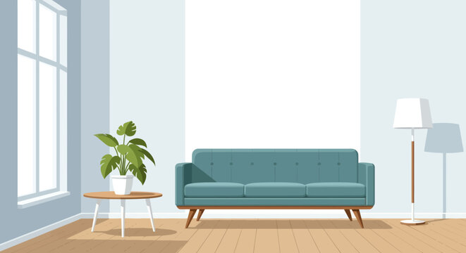 Modern Living Room Interior with Blue Sofa Plant and Floor Lamp.