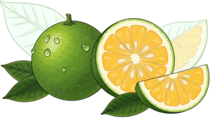 Green Citrus Fruit with Water Droplets, Sliced Juicy Pomelo on Black Backdrop