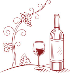 Wine Bottle and Glass with Grapevine – Elegant Vineyard Line Art Illustration