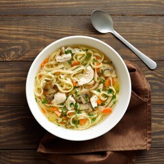 Chicken noodle soup with vegetables, top view