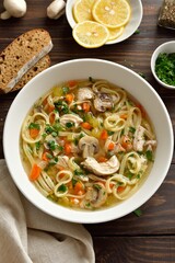 Diet chicken noodle soup with vegetables