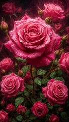 Obraz premium Detailed pink roses with droplets on petals among lush greenery 