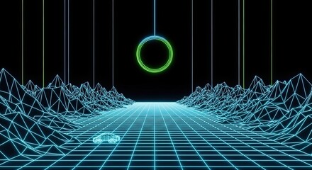 Abstract Digital Landscape with Glowing Ring and Vehicle