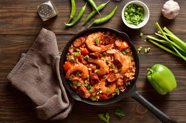 Creole style jambalaya with prawn, smoked sausages, chiken and v