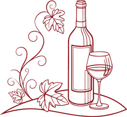 Wine Bottle and Glass with Grapevine – Elegant Vineyard Line Art Illustration