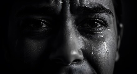 Fototapeta premium Close-up of a Person Crying with Tears Streaming Down Their Face in Dramatic Lighting