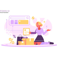 Woman With Shopping Bags And Boxes Demonstrates E Commerce Concept With Search Bar And Percentage Icons In A Pink And Yellow Palette