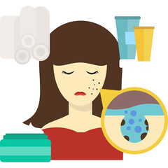 Woman with Skin Problems and Beauty Products on Transparent Background