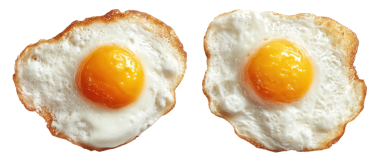 Two sunny-side-up fried foods on a black background, showcasing vivid yellow yolks and white cooked edges
