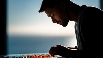 Man engrossed in sorting multicolored capsules on a table