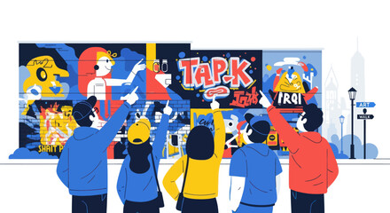 People Admiring Colorful Street Art Murals with Cartoonish and Political Themes. © wong