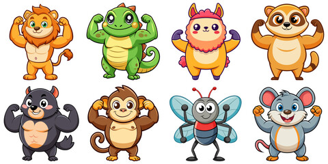 Obraz premium Set of chubby cartoon animals flexing their muscles: lion, Lizard, Llama, Meerkat, Mole, Monkey, Mosquito, Mouse