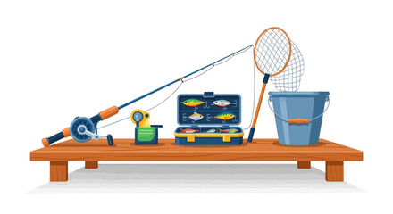 Fishing Equipment Set on Wooden Bench for Angling Hobby. © wong