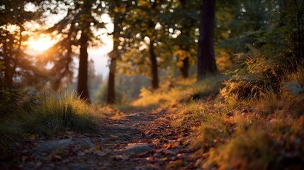 Fototapeta premium A sunlit forest path bathed in golden light during sunset surrounded by trees and fallen autumn leaves