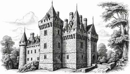 Majestic Medieval Castle Sketch: Detailed Stone Architecture and Towering Turrets