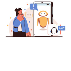 Woman interacting with a chatbot on a smartphone screen showing a friendly robot icon and a 24/7 support symbol with headset