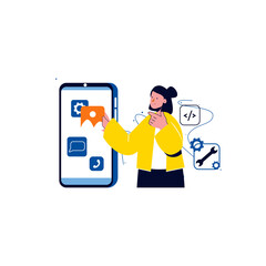 Woman Interacting With Digital Interface Showing App Icons And Coding Symbols With Transparent Background In A Futuristic Cyberspace Environment