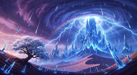 Arcane Tempest Unleashed Over a Crystalline Fortress and a Lone White Tree.