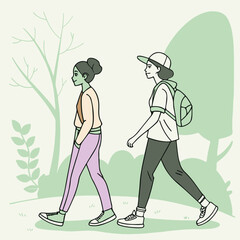 Two Young People Walking Outdoors – Casual Lifestyle and Nature Illustration