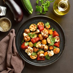 Roasted vegetables on plate, top view