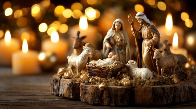 A beautiful and traditional Christmas Nativity scene, featuring Mary, Joseph, baby Jesus, and animals, warmly illuminated by flickering candlelight and soft golden bokeh, symbolizing the sacred spirit