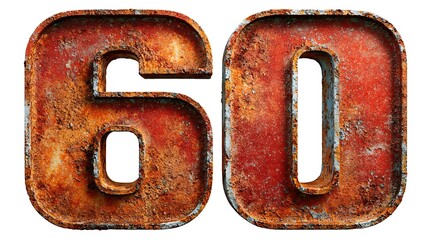 Isolated rusty metal numerals sixty on a white background close up shot