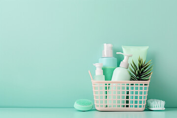 A mini shopping basket holds various skincare products, including creams and cleansers, set against a soft pastel background. The arrangement highlights a fresh and calming aesthetic