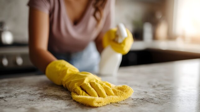 A woman wearing yellow gloves cleans a kitchen countertop with a spray bottle and cloth - Powered by Adobe