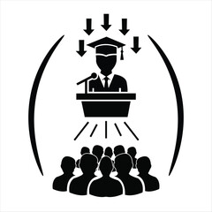 Black and white vector icon representing a graduate speaker giving a commencement address to an audience on knowledge transfer.