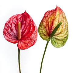 Two vibrant anthurium flowers showcasing their elegant form and rich colors