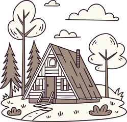 A-Frame Cabin in Forest Illustration – Cozy Woodland House Vector Art