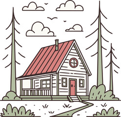 Cozy Cabin in the Forest Illustration – Rustic Wooden House Vector Art