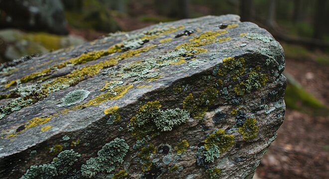 Close-up of a textured rock surface covered in vibrant green and yellow lichen in a forest